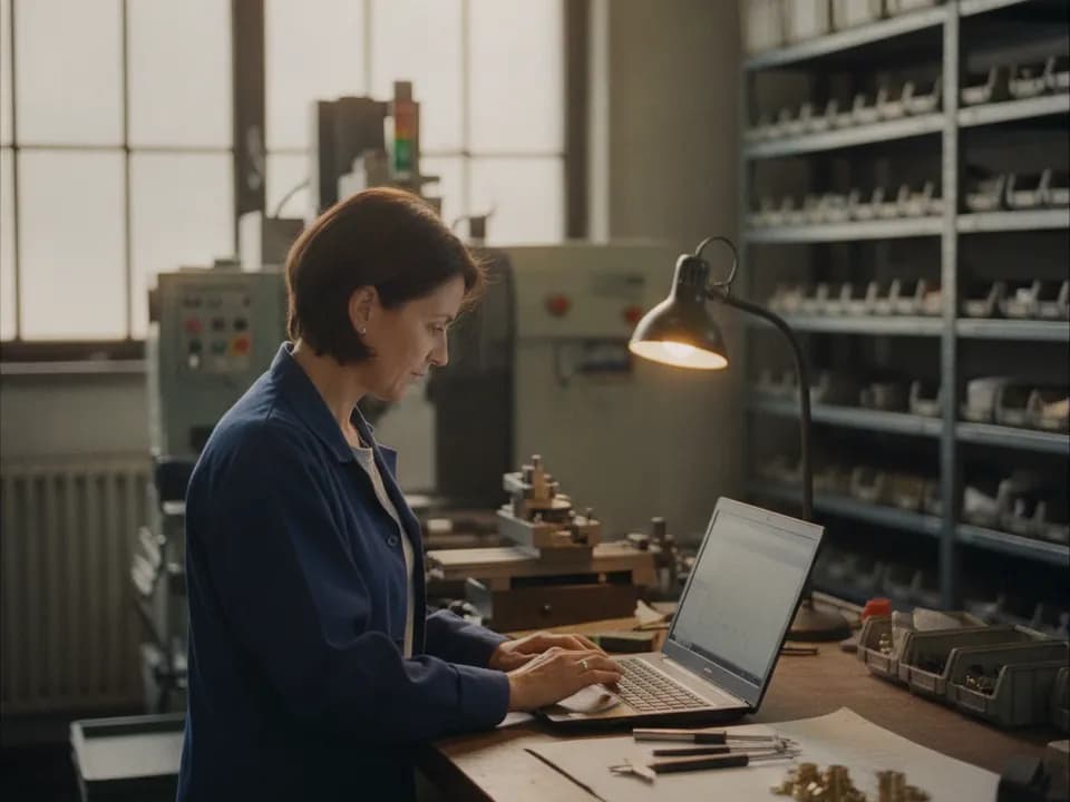 Responsable de production consultant ses données sur un ordinateur portable dans un atelier