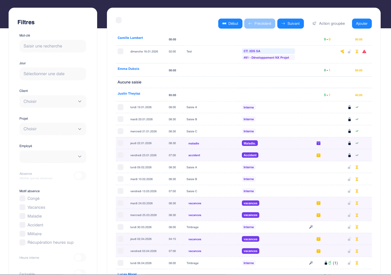 Capture d'écran de l'application NX Temps — Saisie et gestion du temps de travail.